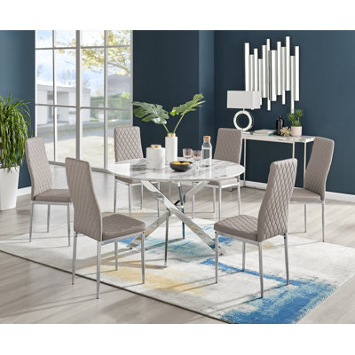 Tierra Modern Chrome Metal & Glass Round Dining Table Set with Quilted Faux Leather Chairs