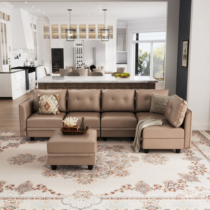 Canapé modulaire réversible avec repose-pieds Bresee, Similicuir brun, H 34 po x l 112 po x P 56 po