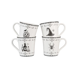 Ensemble de 4 tasses d'Halloween en porcelaine blanche 222 Fifth Elegant Hahant - chapeau de sorcière, citrouille-lanterne, bouteilles de potion et araignée - 20,29 oz
