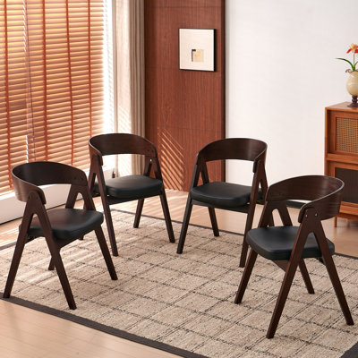Faux Leather Dining Room Chairs with Solid Rubber Wood Frame, Set of 4, Black Seat, Walnut Color Frame