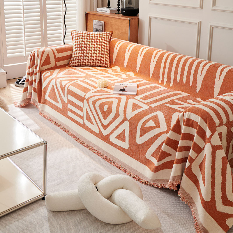 Boho Chenille Multiple Sizes Triangle Plaid Sectional Cushion Slipcover, 71" H x 134" W x 0.1" D, Orange