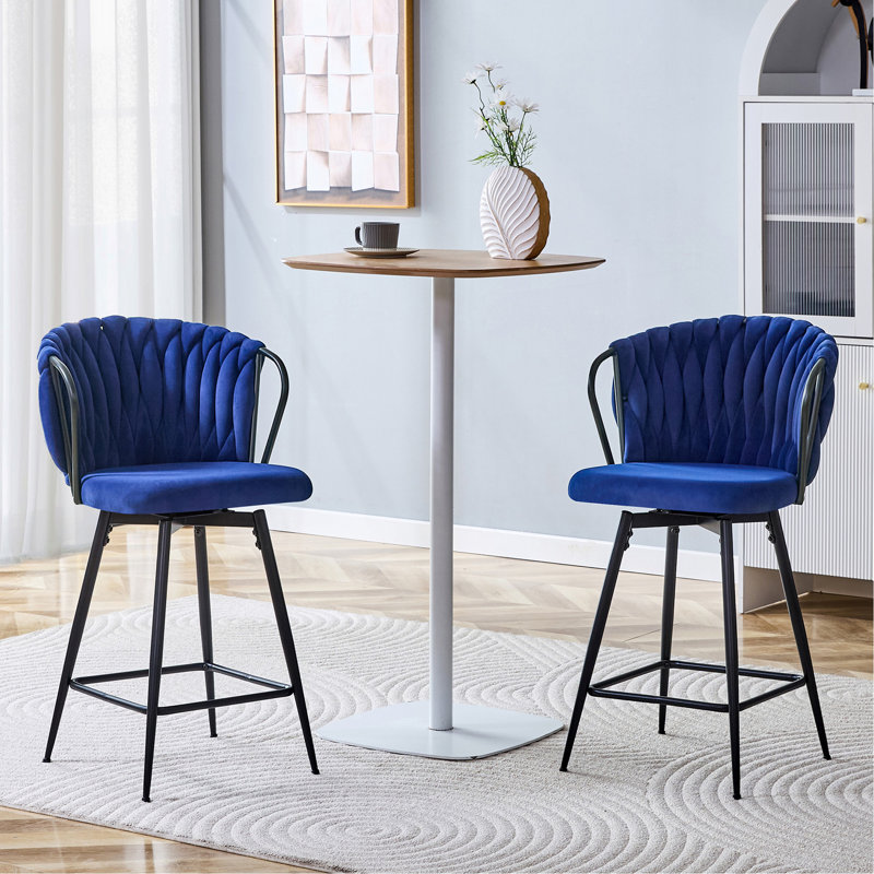 Ensemble de 2 tabourets de bar en velours tressé moderne avec structure en métal, tabouret de comptoir rembourré avec dossier en corde tissée pour îlot de cuisine, bar ou salle à manger - bleu