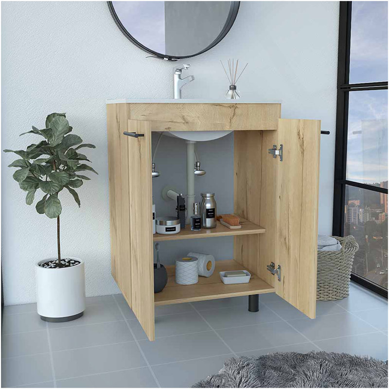Free Standing Sink Cabinet, Four Legs, Double Door Cabinet, Two Shelves, Light Oak, Beige