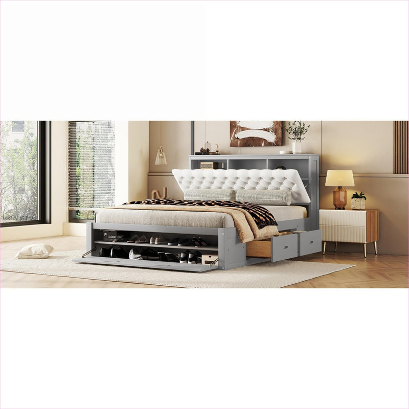 Grand lit plateforme tapissier en bois massif avec rangement multi-fonctions gris classique