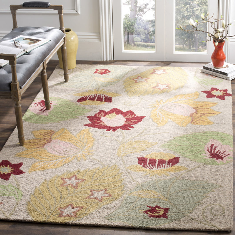 Ivory Floral Handmade Tufted Wool 4' x 6' Rug