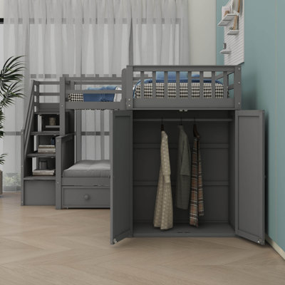Lit superposé en forme de L avec lit simple simple et lit simple supérieur, 3 tiroirs, bureau portable et garde-robe