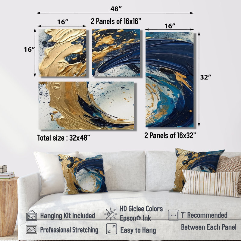 Bleu foncé et coups dorés VI - Grandes impressions abstraites sur toile 4 pièces, Toile tendue, Ne s’applique pas