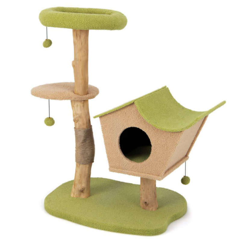 43 Inch Green and Beige Wooden Cat Tree with Perch and Condo