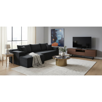 Canapé convertible en L 2 pièces en velours côtelé dans une boîte avec coussins, canapé modulaire 3 places modulaire, meubles de salon compressés, noir (faisant face à gauche)