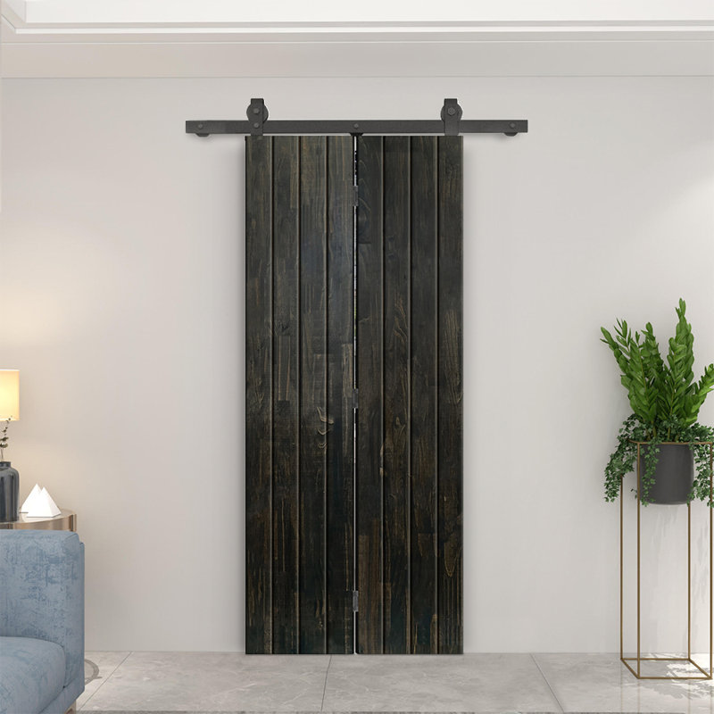 Porte de grange pliante en bois de pin avec quincaillerie coulissante, Noir anthracite, 28 po x 84 po