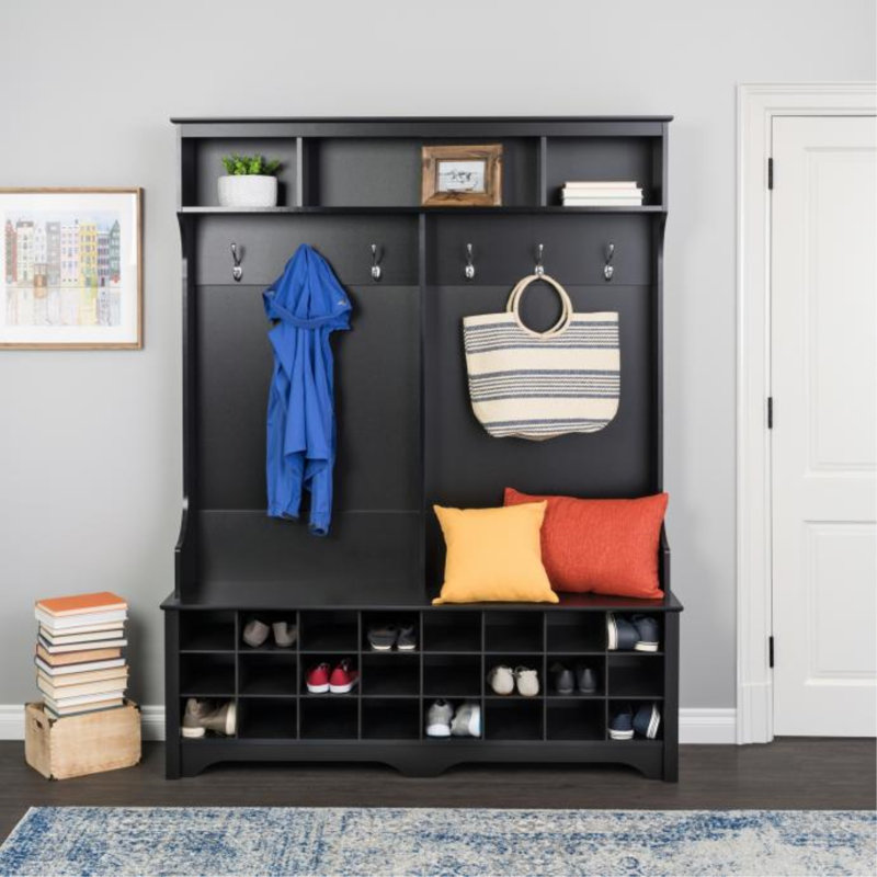 Gracie Hall Tree 60'' Wide with Bench and Shoe Storage, Shoe Cabinet, Storage Cabinet with 24 Shoe Cubbies and 6 Double Coat Hooks 15.5" D x 60" W x 77" H, Black
