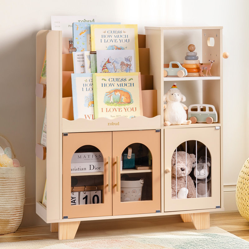 Kids’ All-in-One Wooden Storage Bookshelf with Toy Organizer & Hooks, Kids Bookcase, Storage Book Rack, Brown