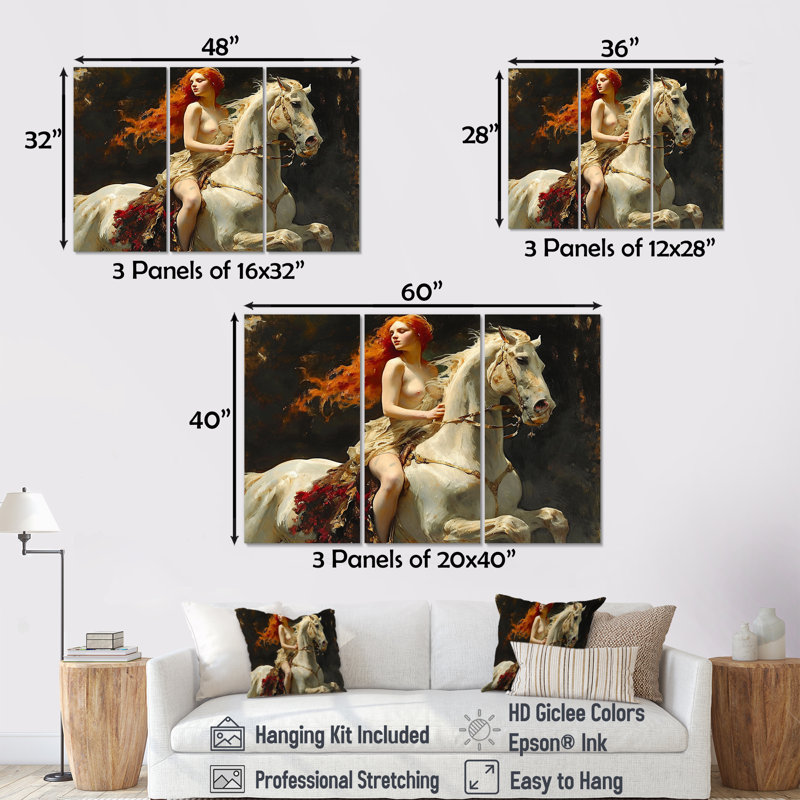 «Wild Lady Godiva On White Horse - Modern Art», ensemble d'art mural, Toile tendue, H 40 po x l 60 po x P 1 po