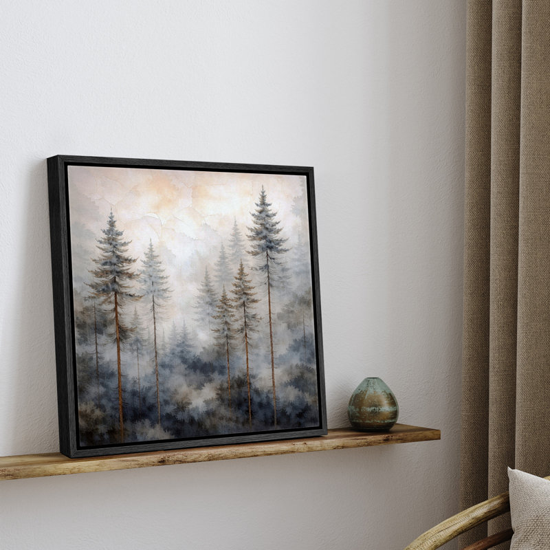 «Misty Pine Forest Landscape», neutre, forêt naturelle, images, impression sur toile encadrée, H 24 po x l 24 po x P 1,5 po