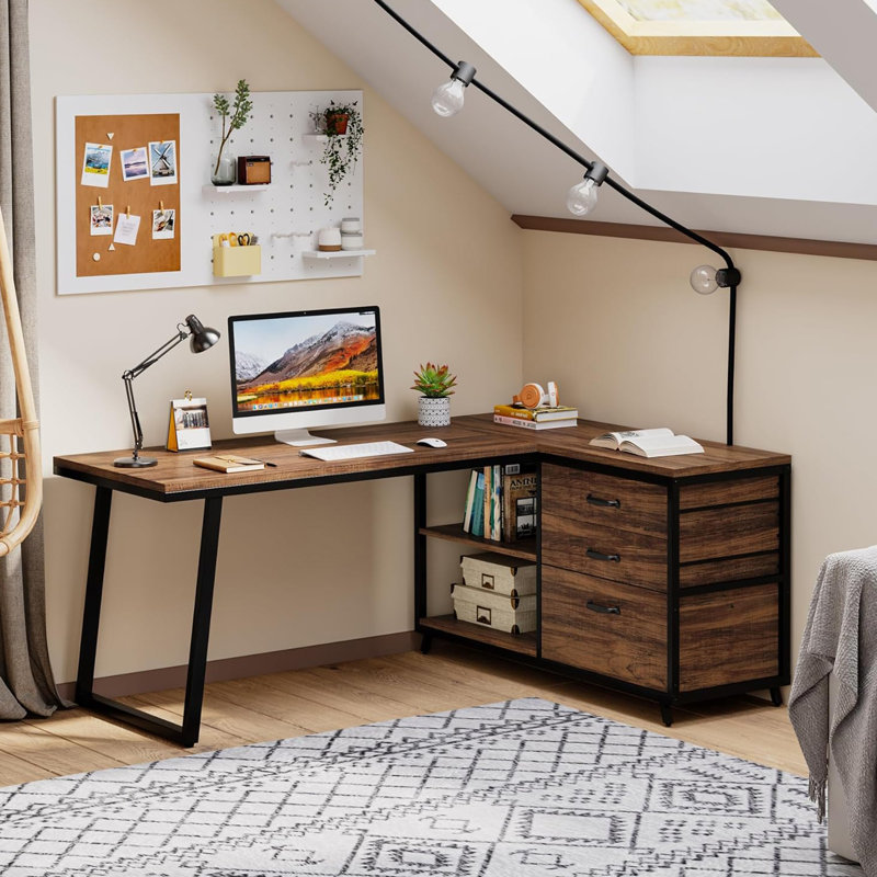 53-Inch Reversible L-Shaped Computer Desk With Drawers And Shelves, Industrial Home Office Workstation For Small Spaces, Rustic Brown