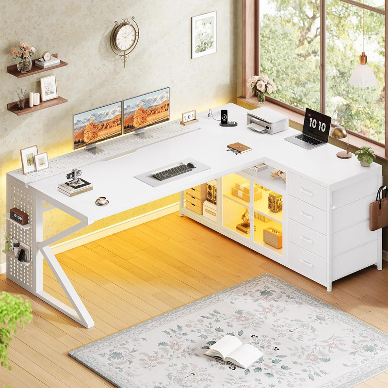 Bureau d'ordinateur en L de L 63 po x L 4,6 po avec 4 tiroirs, Blanc