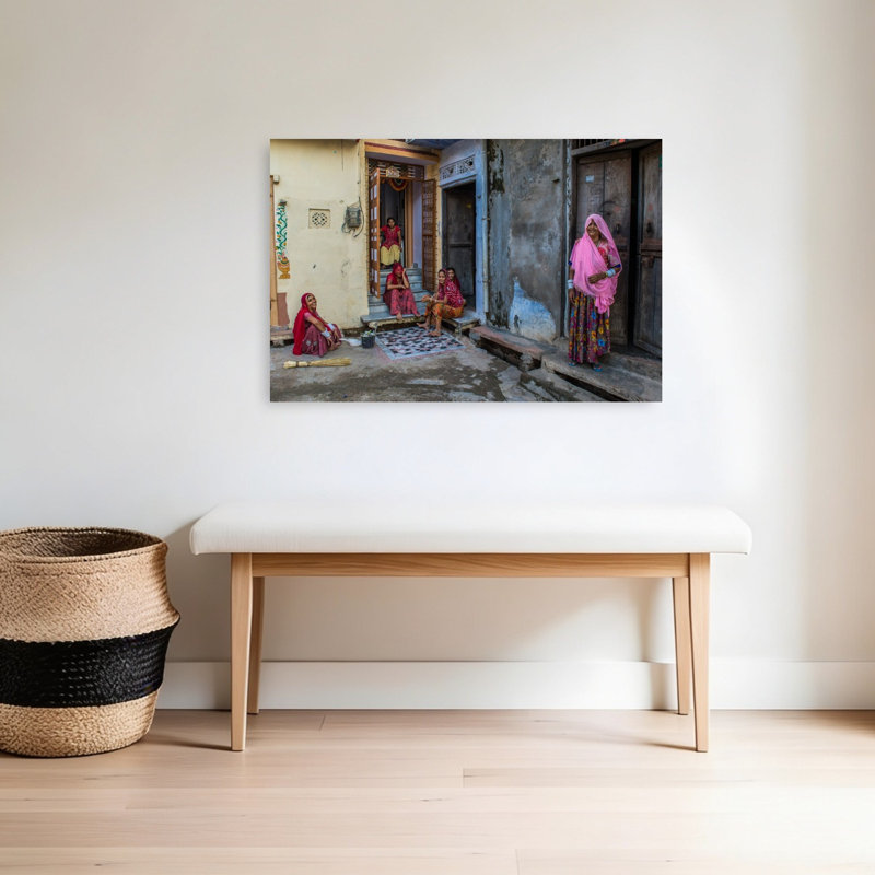Happy Indian Village Women Colorful Traditional Vibrant Architecture Wall Art Print 1 Piece Wrapped Canvas Wall Art