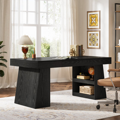 55" Executive Computer Desk With Storage Shelves & Drawer, Large Wooden Home Office Desk With Double Trapezoid Base
