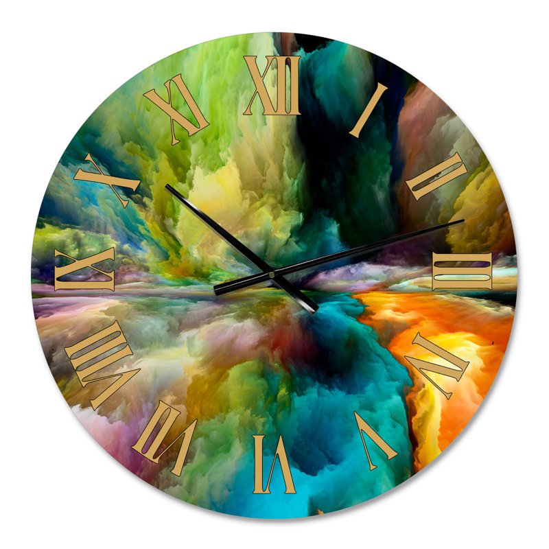 Horloge murale moderne avec dégradés colorés de montagnes et de nuages surréels, Surdimensionné