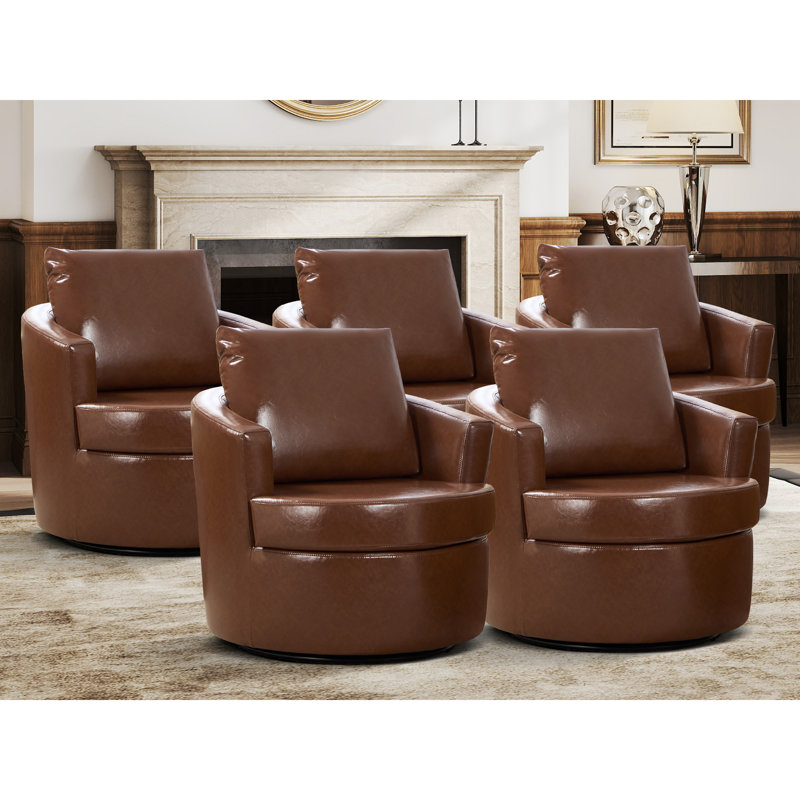 32.3'' Wide Modern Vegan Leather Upholstered Barrel Swivel Accent Chair with Curved Armrest (Set Of 5), Warm Brown