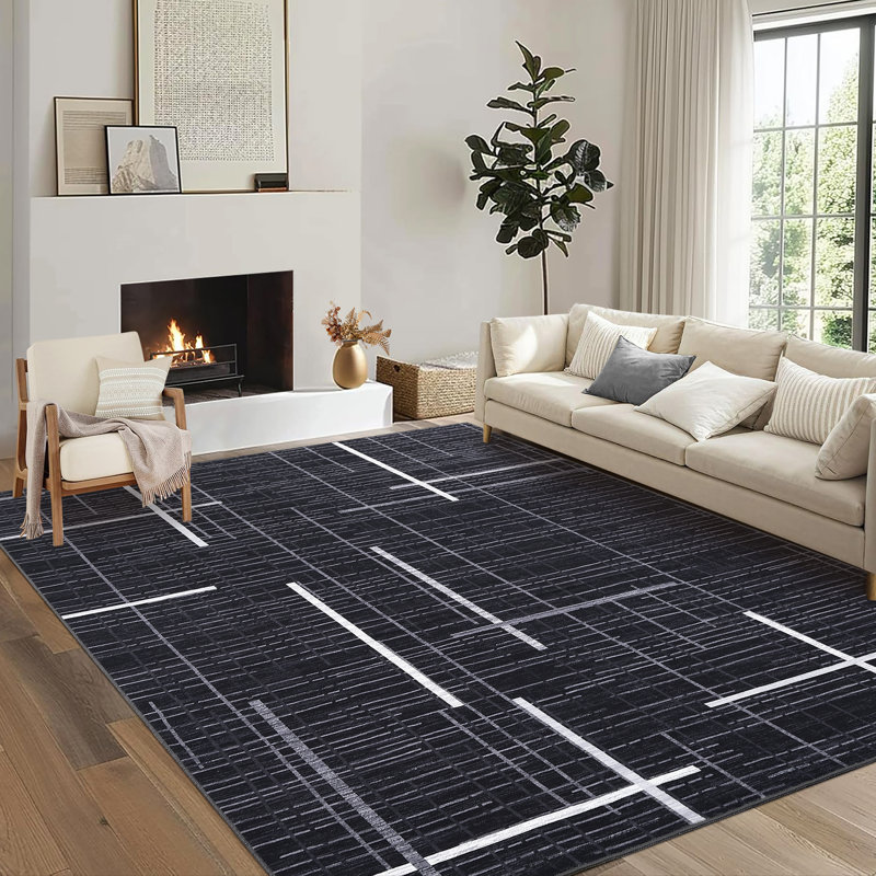 Tapis lavables pour chambre à coucher 5 x 7 salon Tapis abstrait moderne antidérapant Tapis mince léger à rayures contemporaines à poils courts et doux, noir