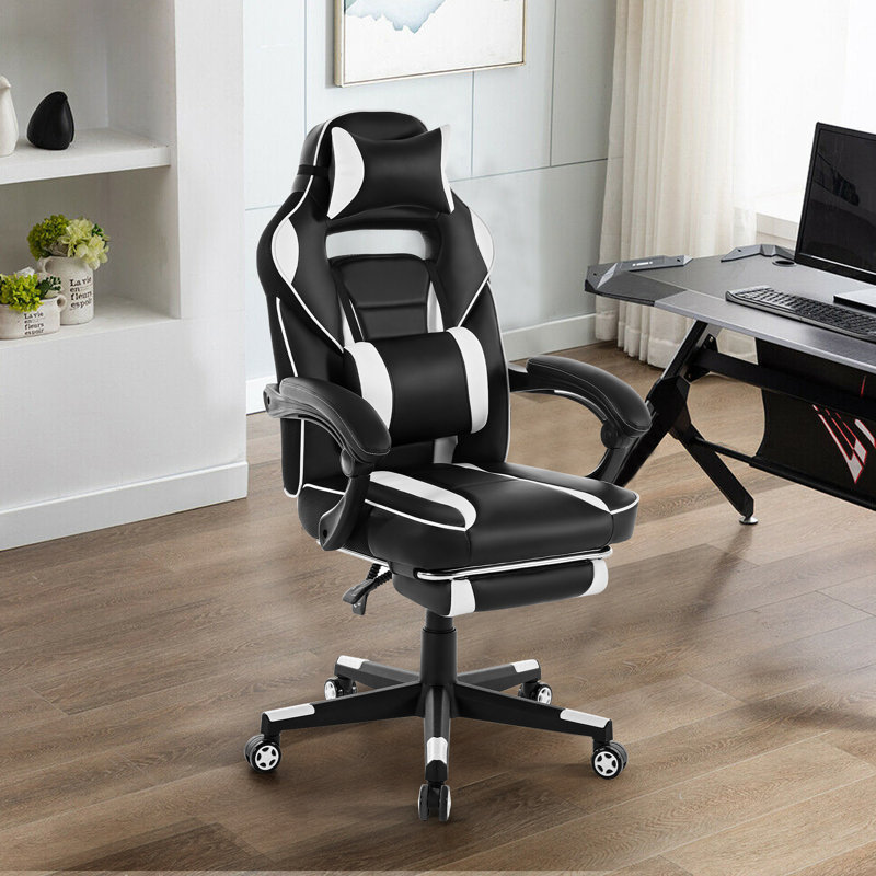 360° Swivel Height Adjustable Gaming Chair with Retractable Footrest & Ergonomic Lumbar High Back PU Leather Computer Chair with Headrest for Office