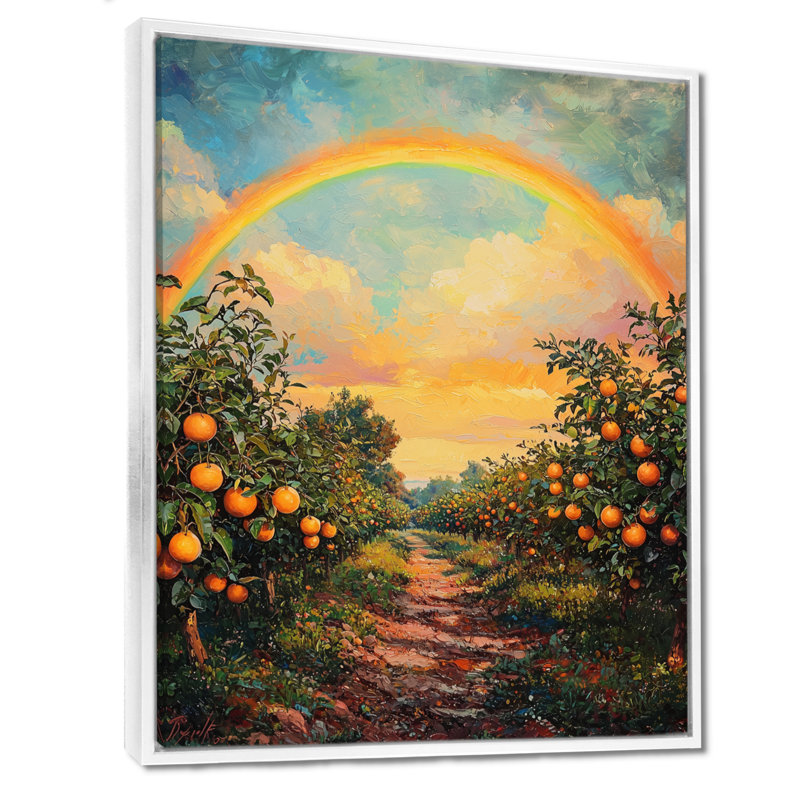 «Countryside Rainbow Over The Orchard I» - art mural arc-en-ciel, H 44 po x l 34 po, Reproduction avec cadre flottant, Blanc