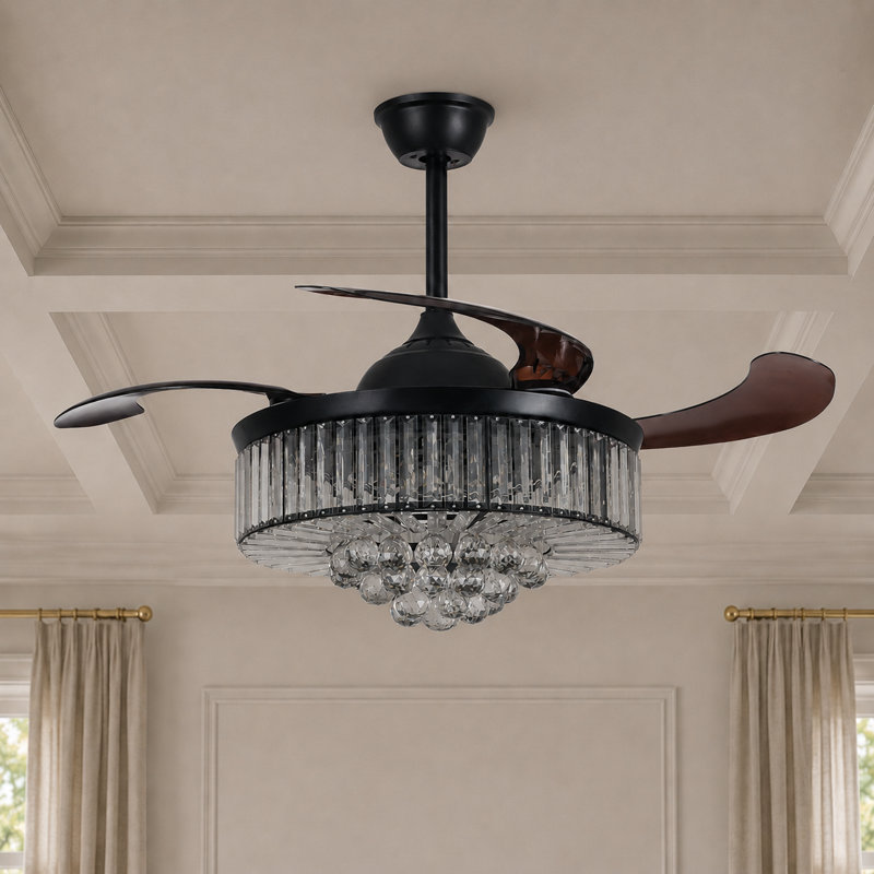 Ventilateur de lustre en cristal rétro avec télécommande et tringle suspendue réglable en température de trois couleurs convenant au salon, à la chambre à coucher et à la pièce.