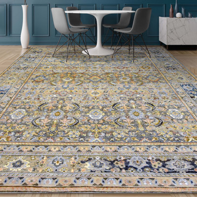 Tapis beige rectangulaire en laine / soie noué à la main