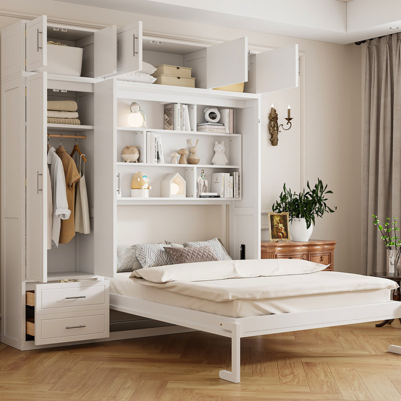 Grand lit mural avec tablettes supérieures, garde-robe et tiroirs, permettant d'économiser de l'espace dans les petits espaces de vie Lit blanc, combinant un espace de rangement pour dormir, une fonction de levage en douceur