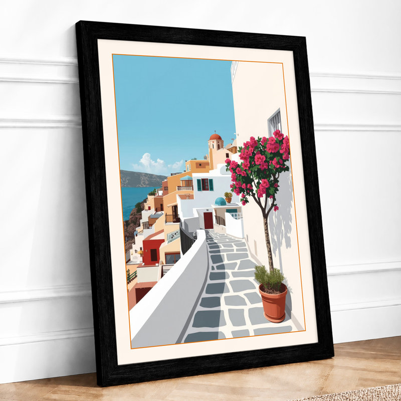 Mediterranean Seaside Village Coastal - Framed Print, Black, A4 - 29.7 x 21.0 cm