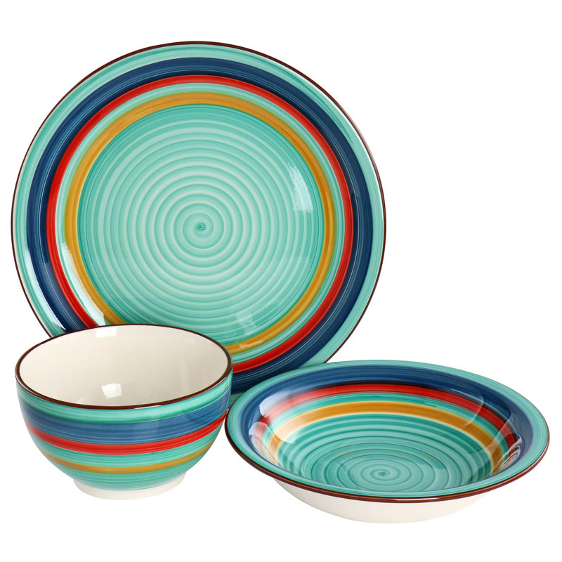 12 Piece Stoneware Dinnerware Set in Green Multi