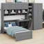 Lit plateforme fonctionnel en bois avec bureau, garde-robe, armoires, tiroirs et tablettes-368711357