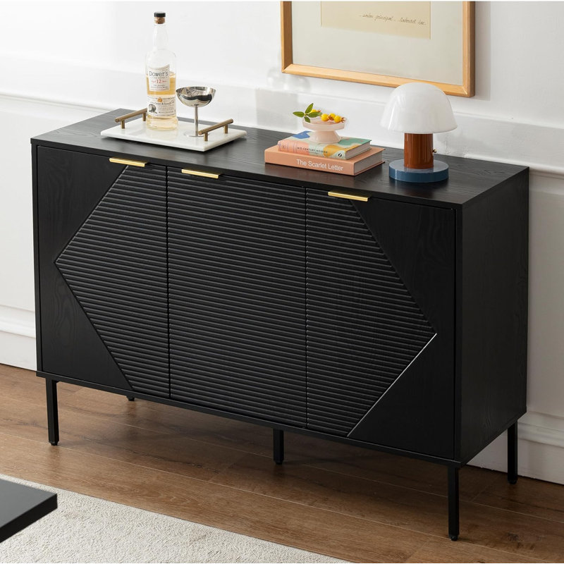 Engineering Timber 3-Door Sideboard Buffet Cabinet, Modern Textured Storage Credenza with Metal Legs, for Dining Room, Kitchen, and Living Room