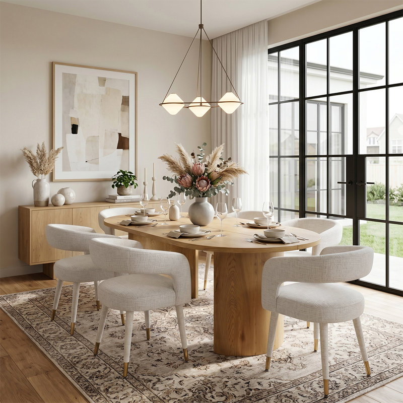 Ensemble de table de salle à manger ovale 79 po avec 6 chaises rembourrées Modern, Beige