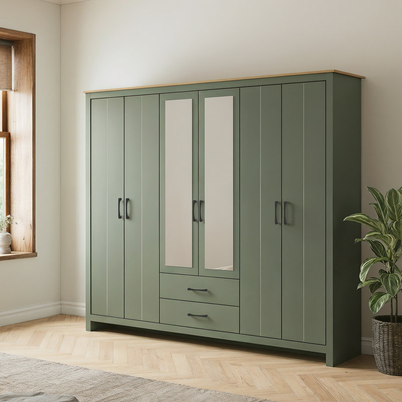 Limestone Alezae 6 Door 2 Drawer Wardrobe with Mirror, Kale Green