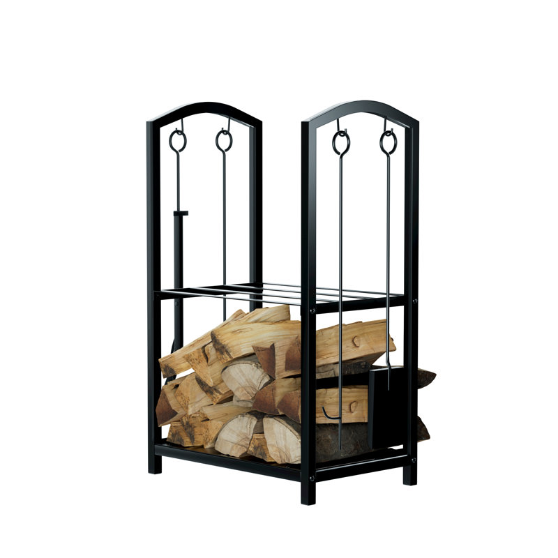 Hagenah Metal Log Rack 2 Tires with Fireplace Tool Set