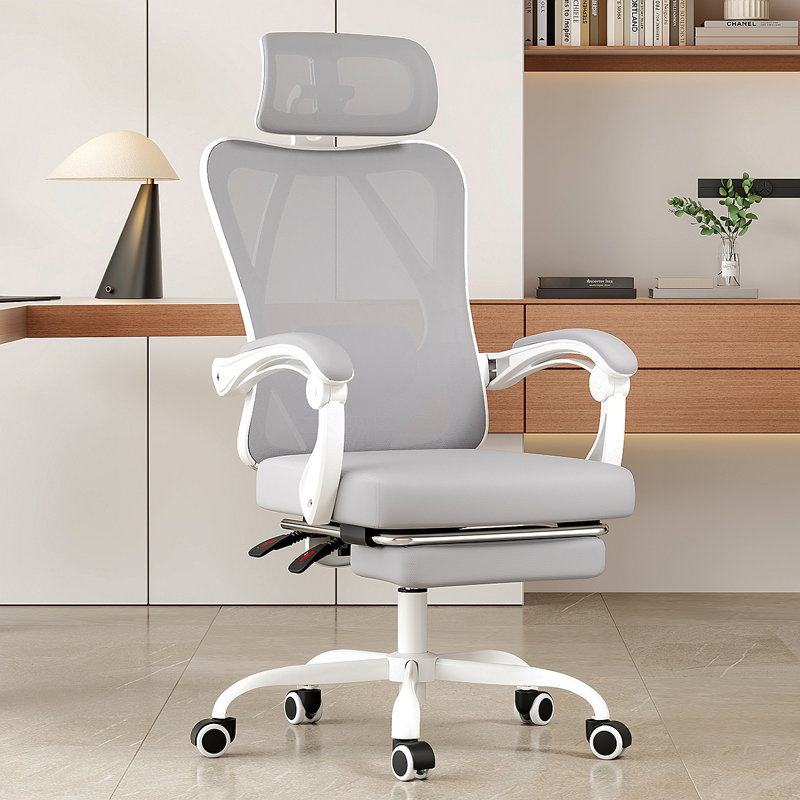 Ergonomic Office Chair With Footrest, Mesh Office Desk Chair With Headrest, High Back Computer Chair With Adjustable Lumbar Support For Home Office Study Room Bedroom, Grey