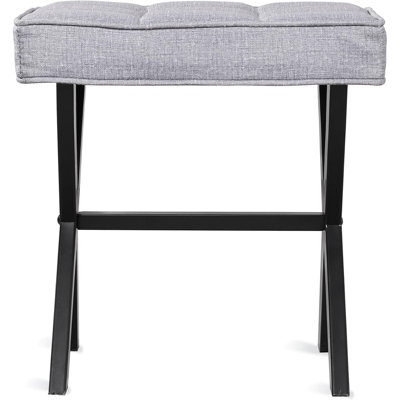 Vanity Stool - Square Linen Makeup Seat With Metal X Legs, Small Ottoman Chair For Makeup Room, Living Room, Bathroom - Modern Padded Foot Rest, Dark Gray