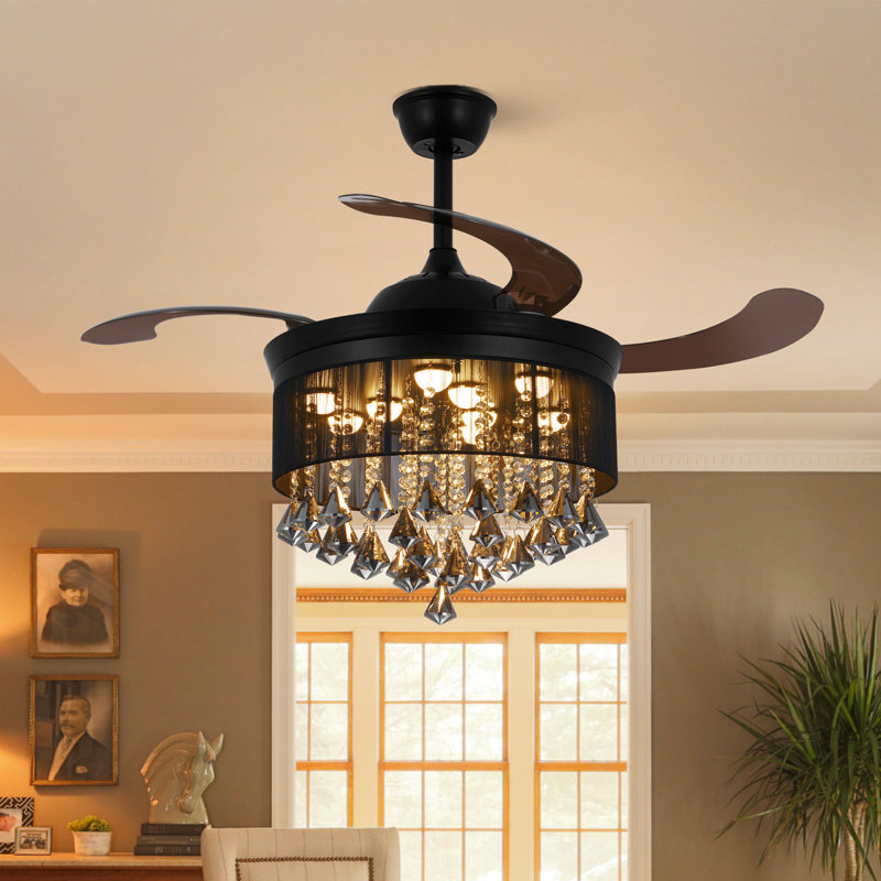 42" Crystal Invisible Ceiling Fan Light with Remote Control, Retractable Blades