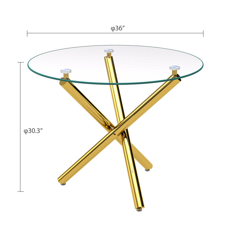 36" Round Glass Dining Table Set for 4, Modern Circle Dining Room Table Set for 4, X-Shape Pedestal Glass Table with 4pcs Dining Chairs, 5 Piece Kitchen Dining Set