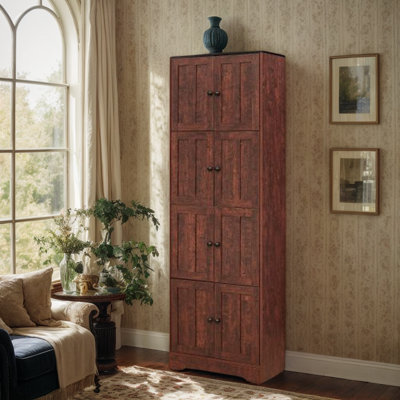 72" Farmhouse Kitchen Pantry Cabinet with 8 Doors, Freestanding Bathroom Cabinet with 4 Shelves, Wood Storage Cabinet for Living Room, Bedroom, Kitchen 