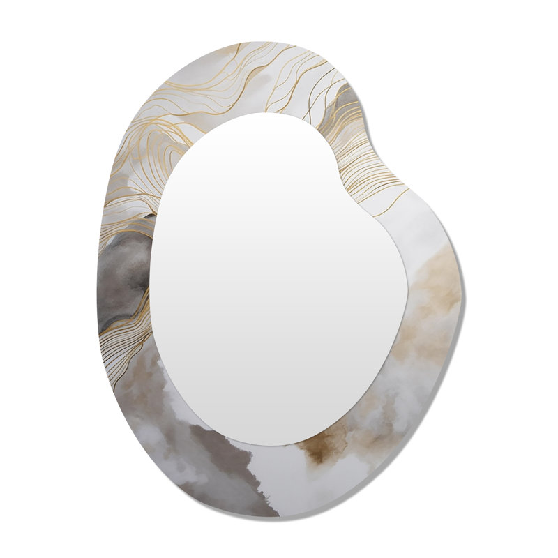 Gold And Grey Abstracted Line Artistry V - Line Art Asymmetrical Unique Mirror, Gold Irregular Shape Large Wall Mirror, Printed Metal Art