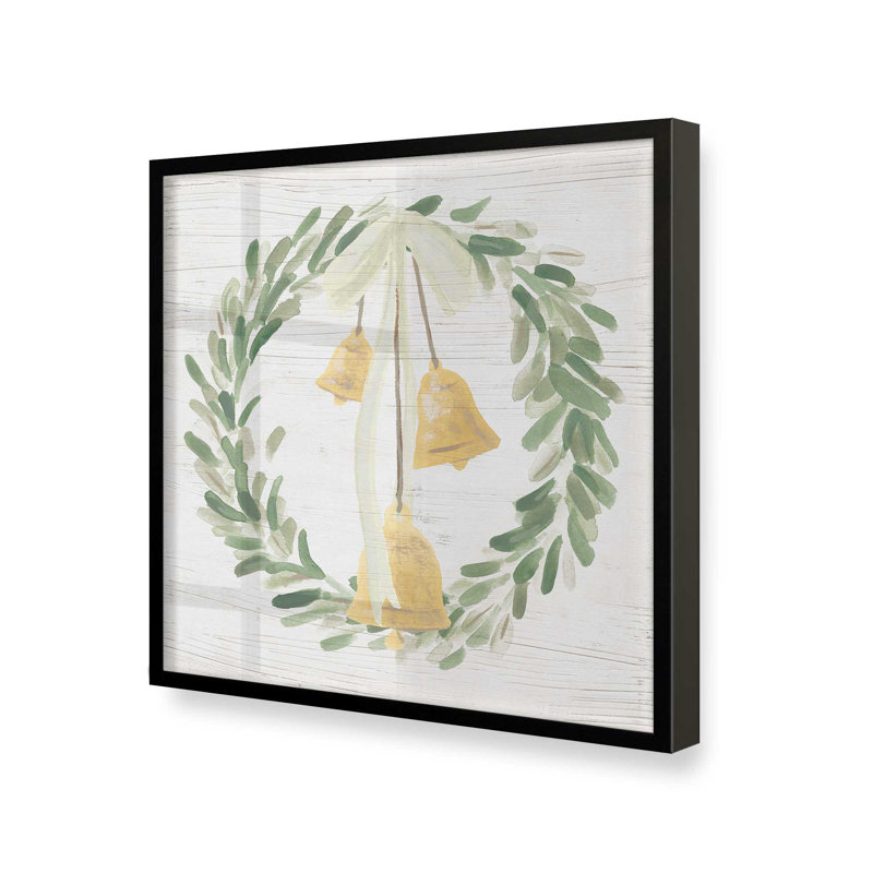 «Holiday Bells Wreath I», impression, H 13,5 po x l 13,5 po, Satin Black Single Picture Framed, Solid Wood