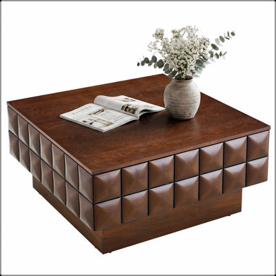 Table basse 32,7 pouces carrée en noyer avec habillage géométrique 3D texturé, plateau en placage de bois de frêne, table centrale moderne