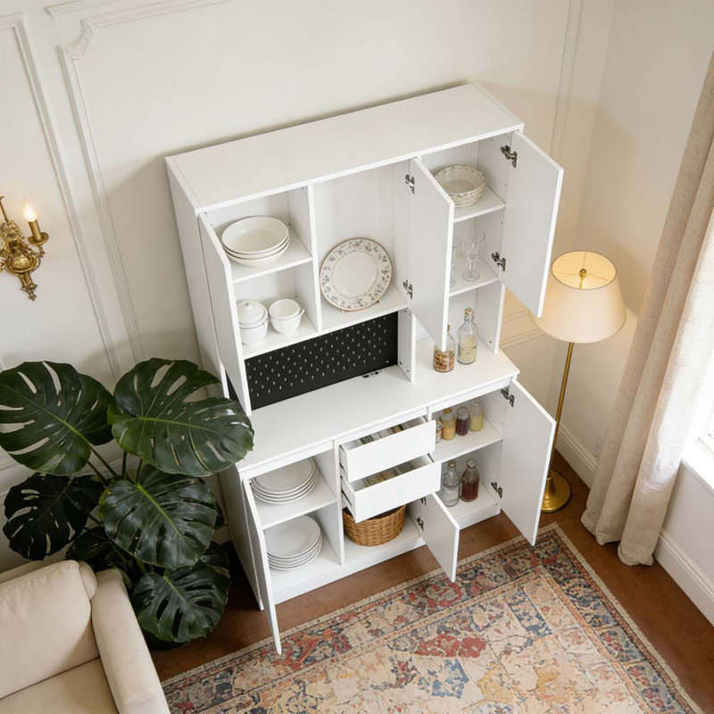 Armoire de cuisine 74 po avec 6 portes, 3 tablettes et 2 tiroirs, Blanc