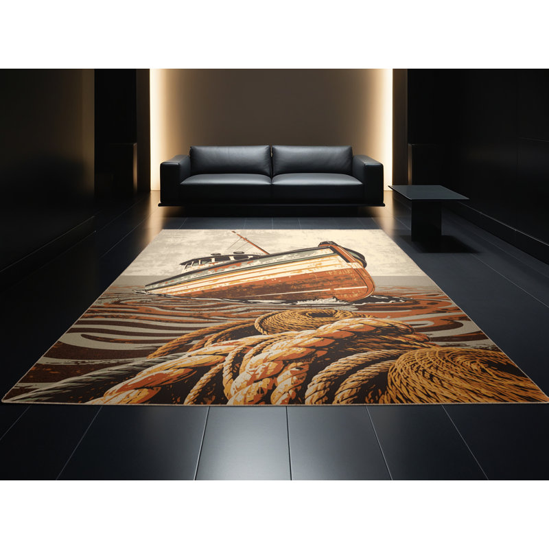 Machine Washable Mendon Fishing Boat Rustic Rug in Beige – Beige Binding, 4x6