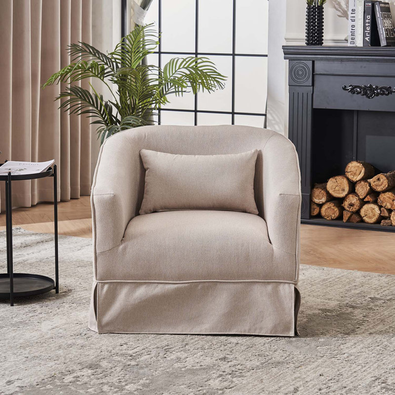 Fauteuil demi-tonneau pivotant en lin avec repose-pieds, Lin beige
