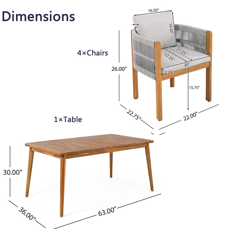 5-piece Outdoor Dining Set For 4 With 20" Chair And Cushion，patio Table And Chairs Set With All Acacia Wood Frame, All-weather Pe Rattan Outdoor Patio Furniture Set For Lawn Garden, Gray
