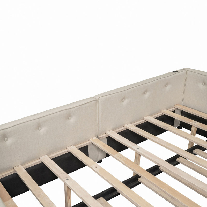 Upholstered Platform Bed With USB And Trundle, Beige